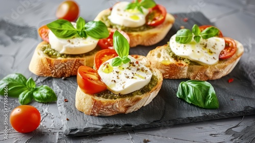 A Rustic Bruschetta Creation Featuring Mozzarella Cheese, Pesto, Tomatoes, and Basil, Beautifully Contrasted on Gray Texture