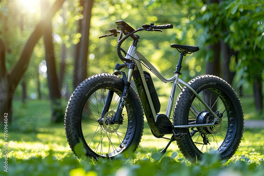 An electric bike in a natural outdoor setting. Wide shot, depicting the bike in a lush green park on a sunny day
