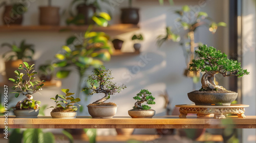 A stylish home setting showcasing an array of decorative bonsai trees, symbolizing harmony and attention to detail