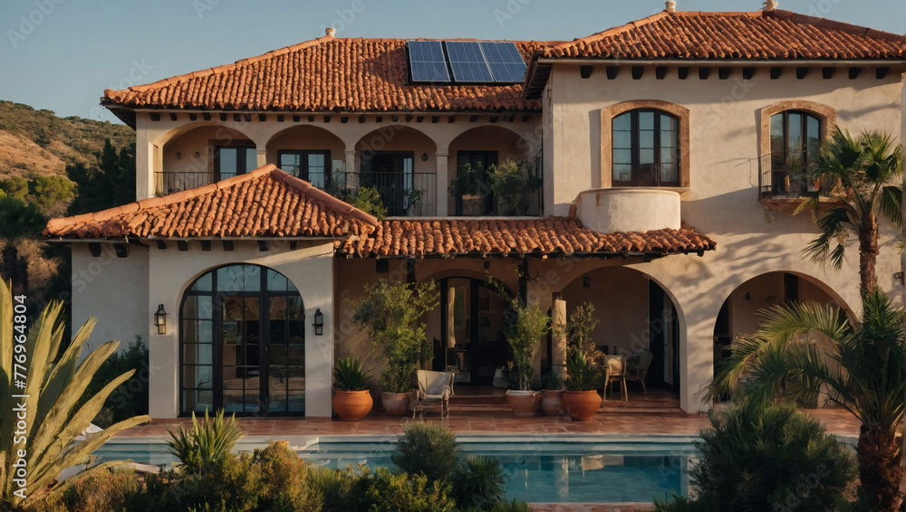 Mediterranean-inspired villa with terracotta roof tiles concealing solar panels, blending Old World charm with contemporary sustainability.