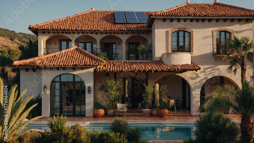 Mediterranean-inspired villa with terracotta roof tiles concealing solar panels, blending Old World charm with contemporary sustainability. © xKas