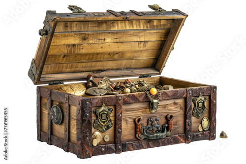 Old wooden Treasure Chest with golden and coin inside isolated on background, old wooden box for fantasy adventure. photo