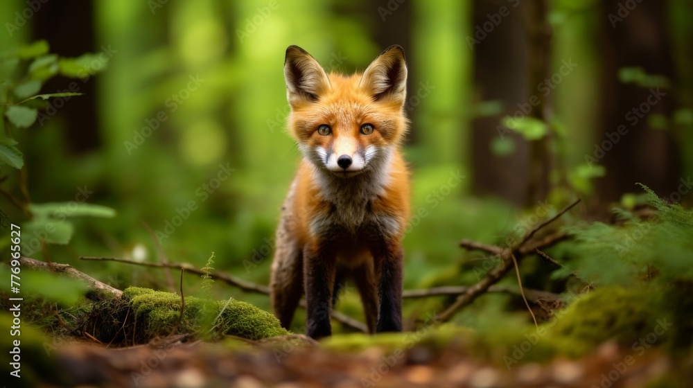 Naklejka premium Curious red fox in forest clearing closeup