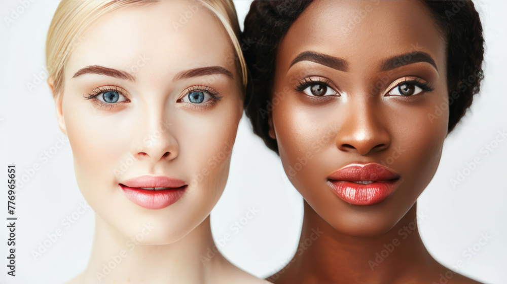 Two girls with differences Beautiful, natural makeup Show off smooth, radiant facial skin. skin care concept. Two girls with differences Beautiful, natural makeup Show off smooth, radiant facial skin. skin care concept.