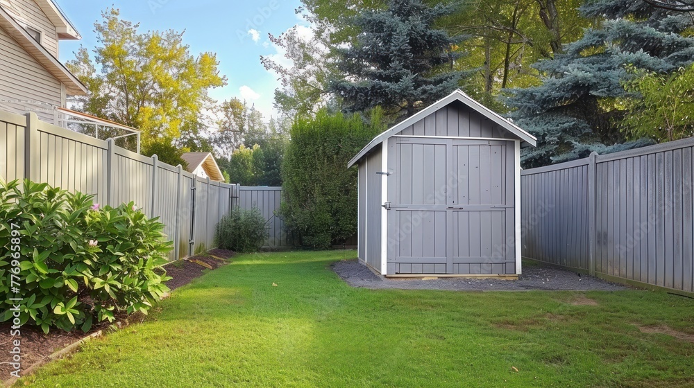 Nestled Within a Fenced Yard, a Small Grey Shed Serves as a Picturesque Garden Outpost