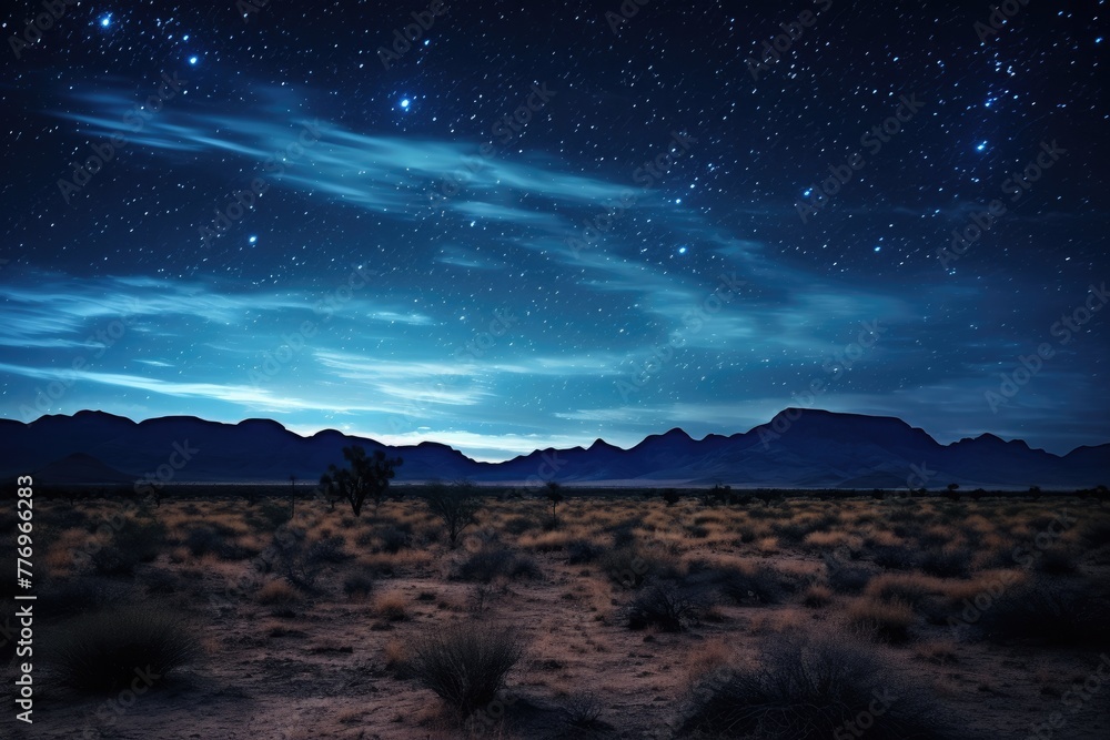 A vast desert landscape under a starry night sky, desert landscape background, with towering mesas and canyons under a vast and starry night sky, AI generated