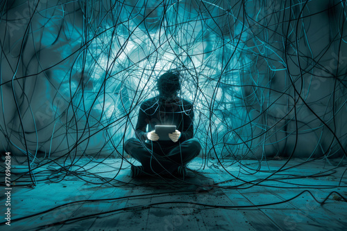 Illustrating internet addiction: person engulfed in tangled cables