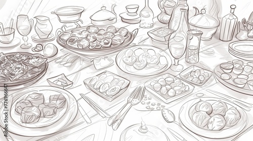 Ramadan Kareem Iftar Party Sketch Illustration. 2024 Concept