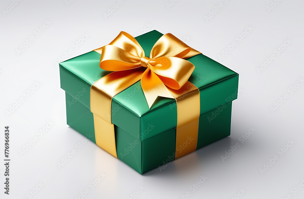 A green gift box wrapped with a shiny gold bow on a light background. Gift, birthday, holiday, celebration, New year. High quality photos A green gift box wrapped with a shiny gold bow on a light background. Gift, birthday, holiday, celebration, New year. High quality photos