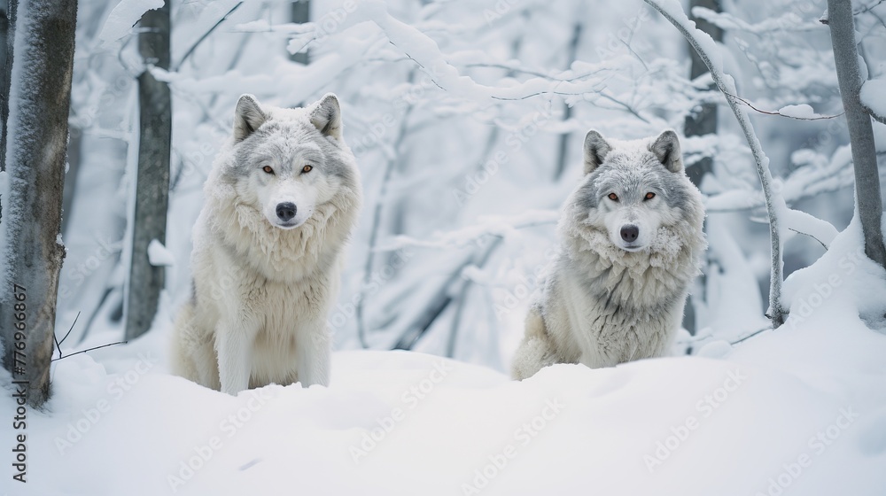 Fototapeta premium Wild and majestic wolves in winter woods