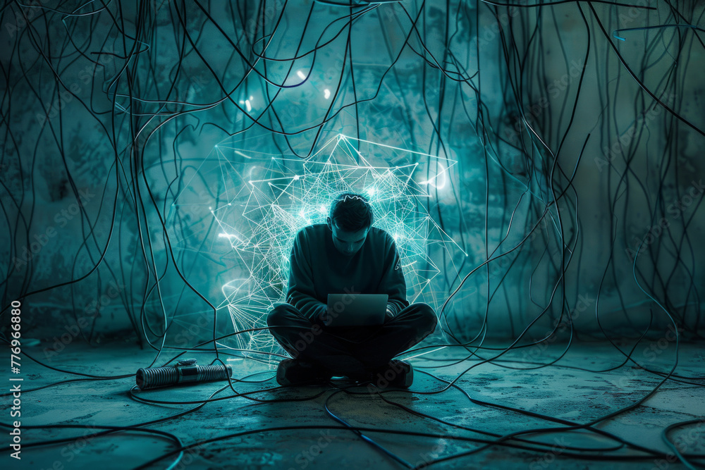 Person immersed in tablet use, surrounded by a tangle of glowing cables, depicting internet addiction - obrazy, fototapety, plakaty 