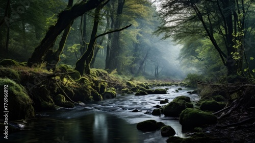 Serene river in a mystical forest with trees and sky