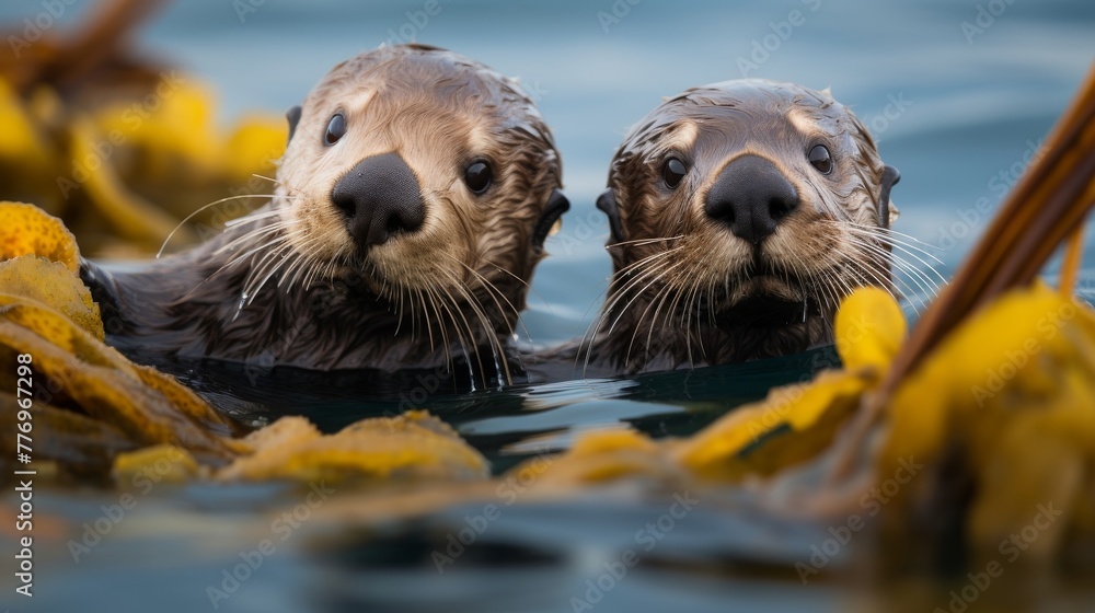 A pair of curious sea otters floating in kelp a cute and fun scene A pair of curious sea otters floating in kelp a cute and fun scene