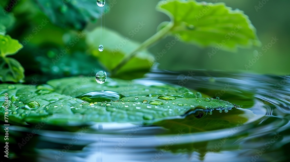water falls from green leaf to water , water falls from green leaf to water ,