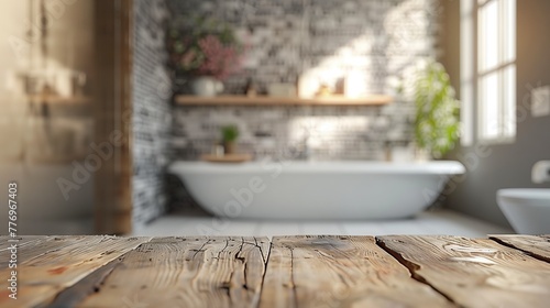 blank wooden tabletop counter on a Defocused bathroom Background with copy space