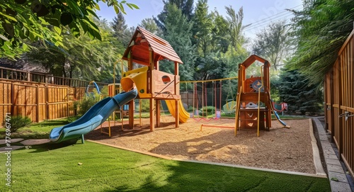 A Warm and Welcoming Backyard for Kids, Offering a Fun Playground Amidst a Landscape of Lawn and Trees photo