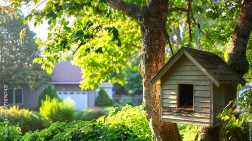 A Charming View of a Home Beyond the Garden, Complete with a Tree-Hanging Nesting Box Under a Pitched Roof