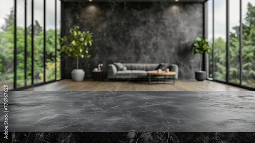 blank black marble tabletop counter on a Defocused living room Background with copy space