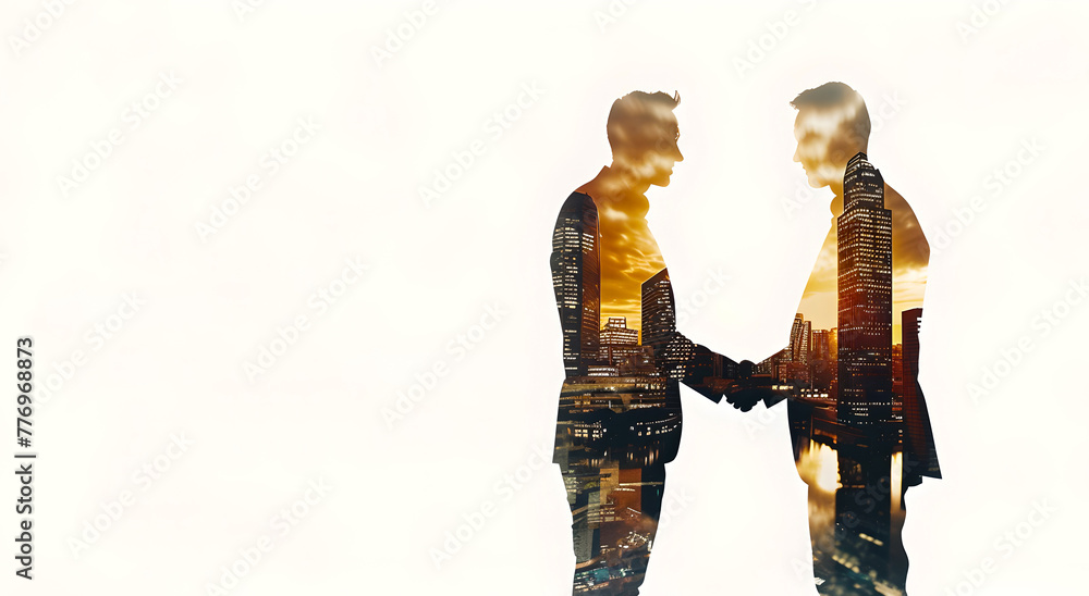 Conceptual illustration of two people shaking hands, blending into cityscape. Double exposure effect creates abstract and artistic style. Ideal for creative projects. AI Conceptual illustration of two people shaking hands, blending into cityscape. Double exposure effect creates abstract and artistic style. Ideal for creative projects. AI