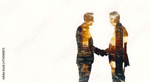 Conceptual illustration of two people shaking hands, blending into cityscape. Double exposure effect creates abstract and artistic style. Ideal for creative projects. AI