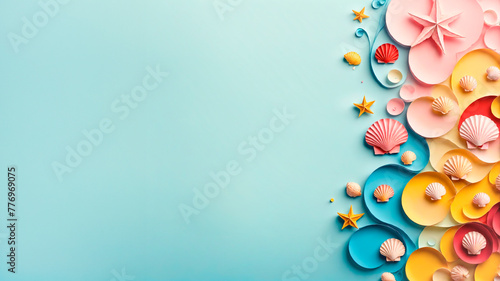 flat lay background concept with sea shells for summer vacation with top view and copy space  top view. Creative minimal banner on flat colorful marine and beach theme background