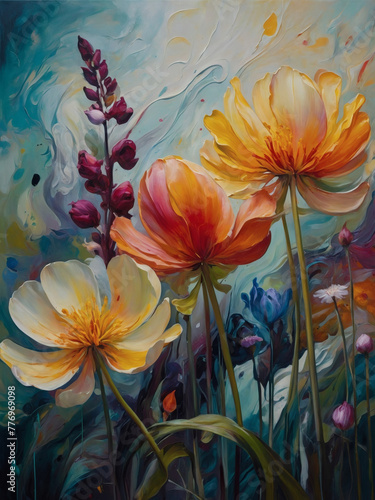 Oil-painted flowers in an abstract garden, their colors blooming and swirling on canvas with artistic flair.