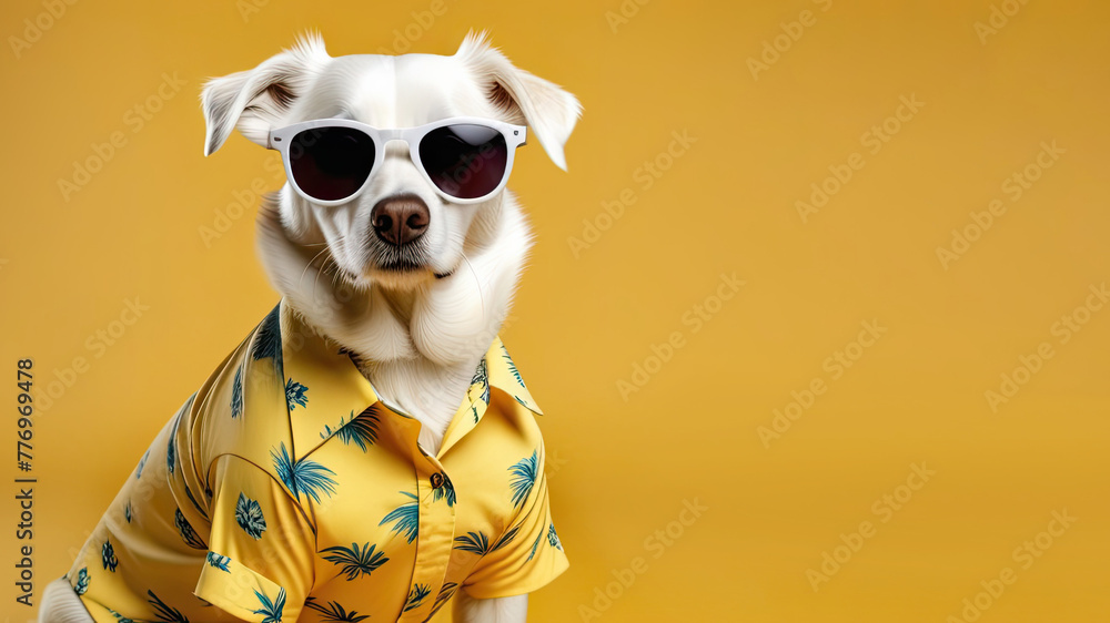 Fototapeta premium Dog in sunglasses and Hawaiian shirt on yellow background with space for text, summer, traveling.