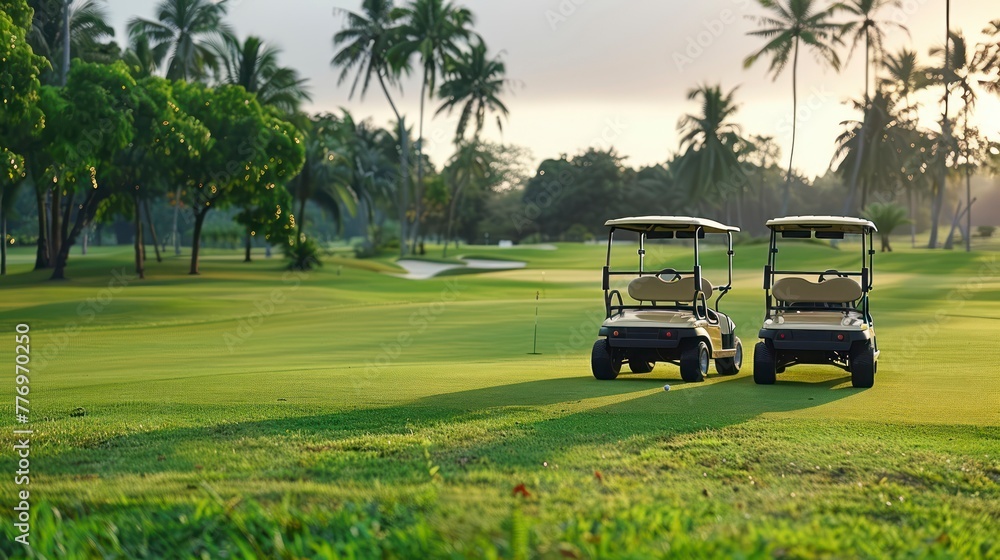 Amidst the Serenity of the Green, Two Golf Carts Await Their Next Journey Across the Course