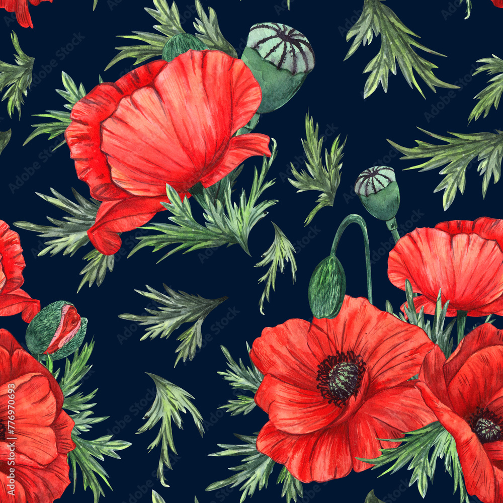 Seamless watercolor pattern with red poppies and green leaves on a dark background.