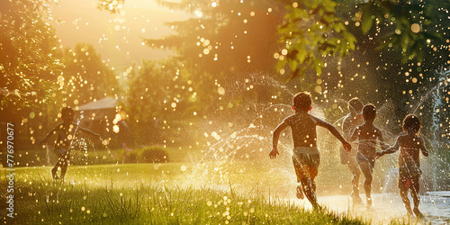 Children playing in sprinkler on sunny day photo