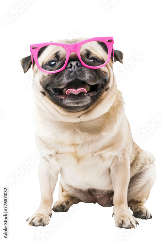 Funny pug, wearing pink glasses, tongue out, sitting, isolated white transparent background © Alex