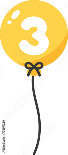 Numbered balloons illustration, Yellow number three. Baby and kids party decoration.	