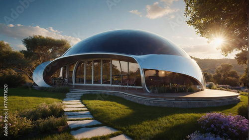 Retro-futuristic dome home equipped with solar panel petals that open and close with the sun, creating a dynamic architectural marvel. photo