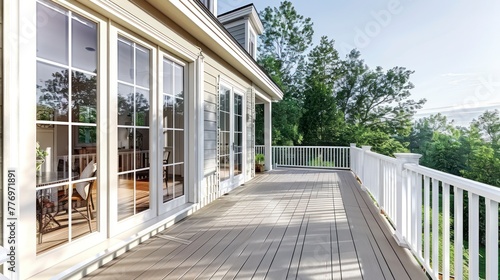 The Graceful Siding House and Its Spacious Walkout Deck, Accented by an Open White Door's View