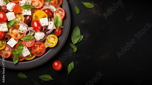 Top down view of a plate with greek salad . Greek salad with cucumber, tomato, sweet pepper, lettuce, red onion, feta cheese and olives.