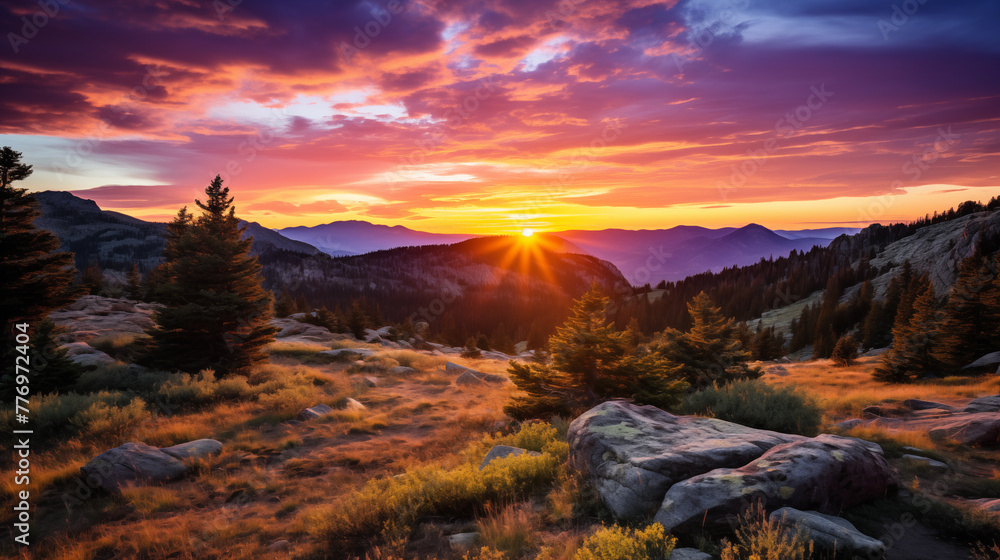 Amazing mountain landscape with colorful vivid sunset. Sunset in summer mountains