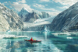 Red kayak in icy blue waters among towering glaciers