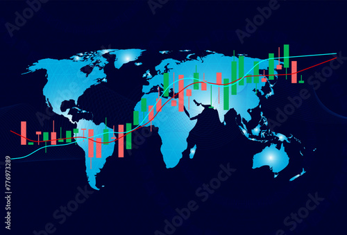 Stock market investment trading business candlestick chart on world map background.