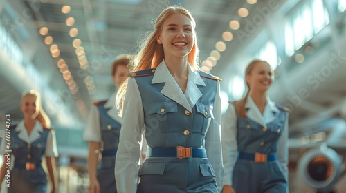 Group of flight attendants walking and laughing in the airport. Generative AI.