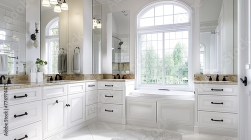 A Luxurious  Spacious White Master Bathroom Boasting Cabinets and Dual Sinks