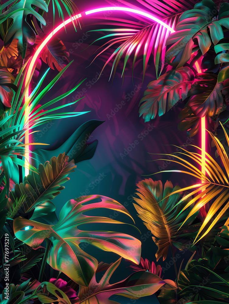 3d render of neon light oval frame with tropical leaves, vibrant color background, dark green and pink colors, trendy summer concept with copy space