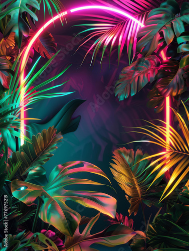 3d render of neon light oval frame with tropical leaves, vibrant color background, dark green and pink colors, trendy summer concept with copy space