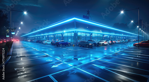 A super huge LED parking lot on the roadside, there are new energy vehicle charging inside the parking lot, modern and simple parking shed. Generative AI.