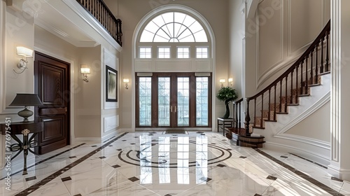 An Expansive Entry Foyer Boasting Elegant Marble Flooring  Arched Windows and Sidelights  and a Grand Staircase with a Lustrous Wood Banister