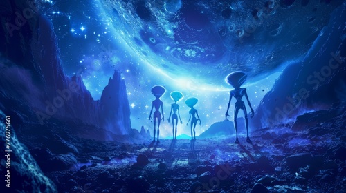 The excitement of alien encounters with a dramatic illustration of extraterrestrial beings exploring a mysterious planet photo
