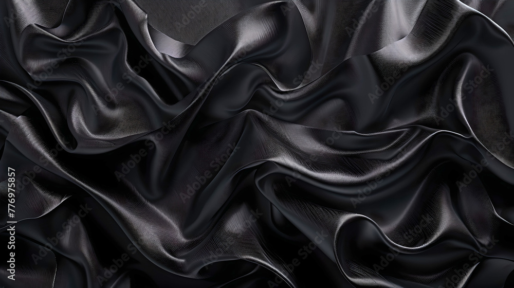 Elegant black satin fabric rippling softly in subdued light. Luxurious textile background, perfect for design and fashion. Silky smooth material captured beautifully. AI - obrazy, fototapety, plakaty 