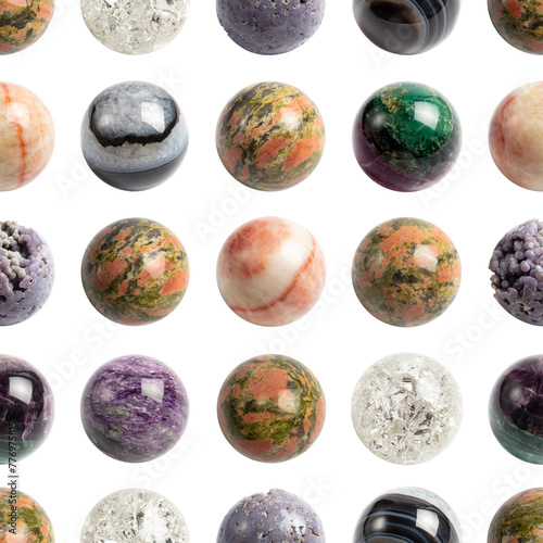 Seamless pattern based on photographs of natural stone spheres. It includes black agate, charoite, rhodochrosite, unakite, clear quartz, fluorite and grape agate. Collecting and magic concept. Not AI
