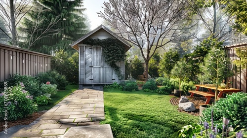 The Warmth of Summer Envelops a Quaint Backyard, Complete with a Small Shed and a Welcoming Walkout Deck