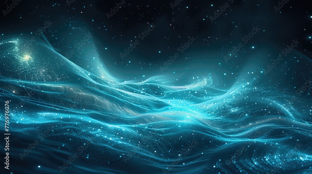 Light of flowing lines extending forward, dark background, deep starry sky, light turquoise blue. Generative AI. Light of flowing lines extending forward, dark background, deep starry sky, light turquoise blue. Generative AI.