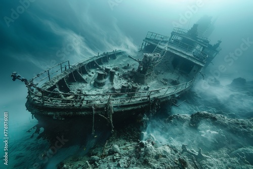 Sunken ship on the seabed, capturing its weathered structure and the surrounding marine life, depicted with a focus on historical and underwater exploration